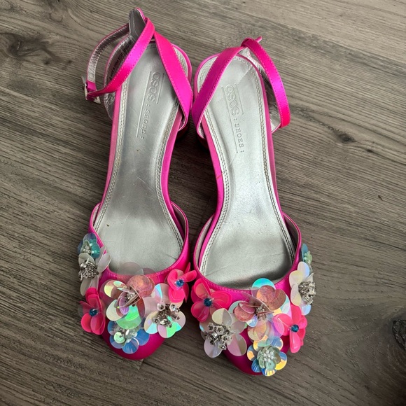 ASOS Hot Pink Floral Embellished Block Heels - Picture 1 of 6